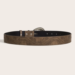Brown textured leather belt with vintage floral embossing and ornate silver metal buckle