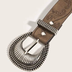 Retro western brown leather belt with floral embossing and large silver metal buckle