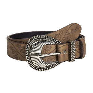 Vintage brown leather western belt with floral embossing and engraved silver metal buckle