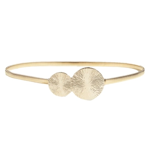 Elastic gold metal spring belt for women with elegant dual sunburst round buckles