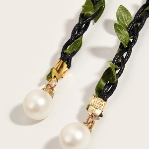 Handmade woven leaf fringe drop earring with white pearl and black braided rope