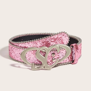 Women Fashion Sequin Glitter PU Leather Belt Metal SC Heart Buckle Personalized Jeans Belt Y2K Style Decorative Waistband