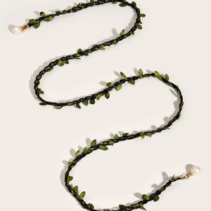 Handmade braided cotton linen waist rope with green leaf tassels and white faux pearls