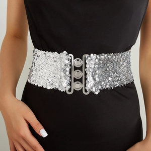 Ceinture large élastique argentée pour femme avec paillettes et boucle en métal triple