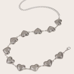 Vintage silver heart waist chain with bohemian floral embossed metal links and clasp