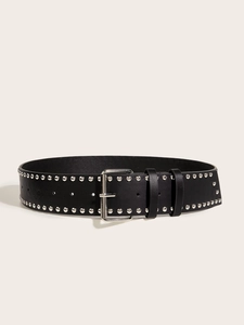 Close-up of black punk style wide belt with silver metal rivets and square needle buckle