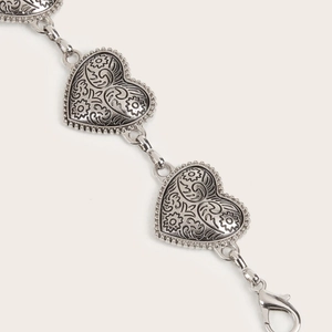Retro antique silver waist chain featuring embossed heart pendants and a lobster clasp