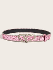 Detail of pink glitter belt with double heart buckle and silver beaded trim edges
