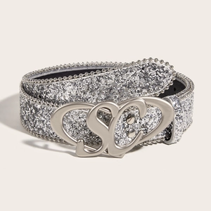 Fashion silver glitter belt with decorative metal bead edges and a hollow heart buckle