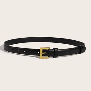 Minimalist black slim belt for women featuring a classic golden square buckle on white background