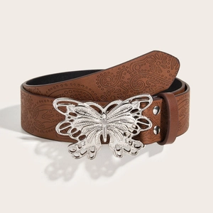 Detail view of brown textured leather belt with vintage floral patterns and silver butterfly buckle