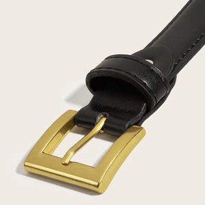 Women's slim black leather belt with matte gold square buckle and fine lychee texture