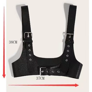 Front view detail of black PU leather corset belt with silver buckles and adjustable straps