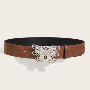 Vintage brown leather belt with embossed paisley pattern and large silver butterfly buckle