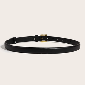 Minimalist black thin belt for women with elegant golden square metal buckle and smooth finish
