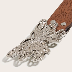Brown textured leather belt with silver butterfly buckle and western floral embossing
