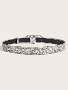 Close-up of silver sequin belt with bead trim and decorative interlocking buckle