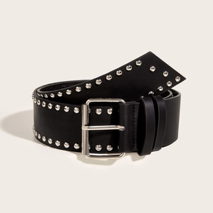 Black leather punk belt with silver round rivets and square metal buckle for jeans