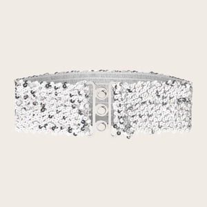 Large ceinture élastique à paillettes argentées pour femme avec boucle à trois anneaux