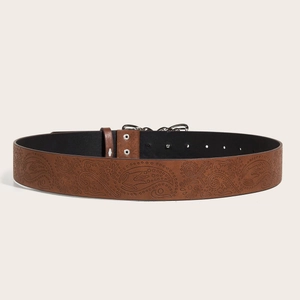 Brown textured leather belt with paisley pattern embossing and classic metal buckle