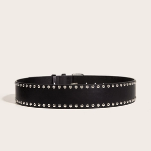 Fashionable punk style black wide leather belt with double rows of silver studs for women
