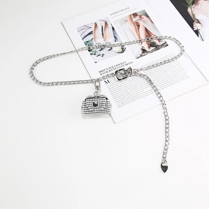 Trendy Women Silver Metal Chain Belt With Mini Rhinestone Bag Charm Adjustable Fashion Waist Chain For Dresses Suits