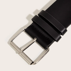 Classic black leather belt with silver square metal buckle and fine stitching