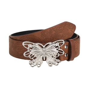 Unisex brown paisley embossed leather belt with a large silver butterfly metal buckle