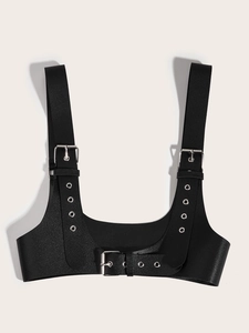 Gothic punk faux leather harness belt with silver buckles and adjustable shoulder straps