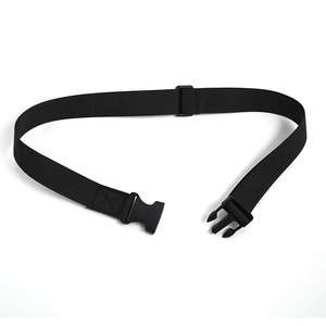 Detail of durable black nylon web belt with quick release plastic buckle and adjuster