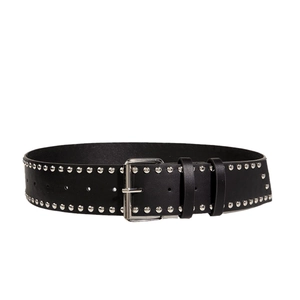 Classic black punk wide belt with double-row silver rivets and square buckle for jeans