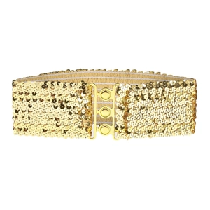 Ceinture élastique à paillettes dorées avec boucle en métal à trois boutons chic