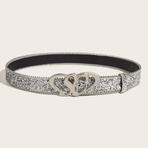 Chic silver glitter belt for women with heart-shaped SC metal buckle for denim jeans