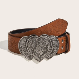 Ceinture en cuir marron avec boucle double cœur argent vieilli et motifs floraux