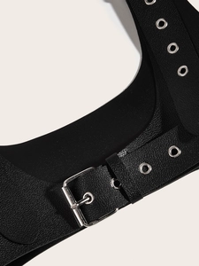 Dark gothic black lychee leather corset belt with silver metal buckles and straps
