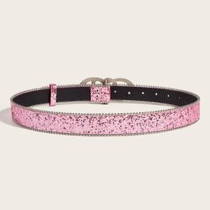 Pink sequin belt with silver bead trim and metal buckle on a clean cream background