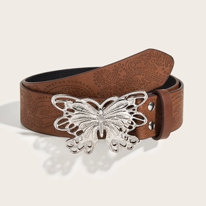 Western Style Retro Brown Embossed Faux Leather Belt With Silver Butterfly Alloy Buckle For Women Men Casual Paisley Pattern Waistband