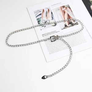 Minimalist silver metal chain belt for dresses with a rectangular buckle and drop pendant