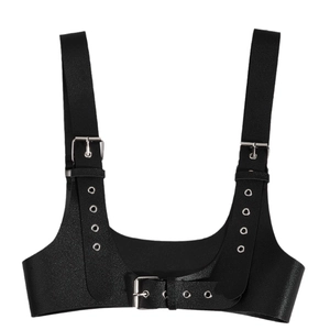 Black leather body harness vest with adjustable silver buckles and metal eyelets