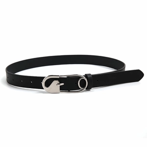 Women's Vintage PU Leather Belt With Unique Silver Safety Pin Alloy Buckle Punk Minimalist Black Waist Strap For Jeans