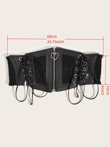 Detail of black lace corset belt with heart zipper and cross-tie ribbons, 68cm length