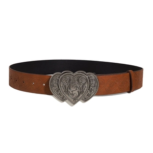 Ceinture vintage en cuir marron avec motifs embossés et boucle double cœur en argent antique