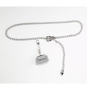 Silver metal chain belt with sparkling rhinestone mini bag charm for women's dresses