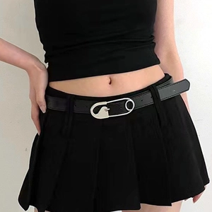 Minimalist black leather belt for women featuring an oversized silver safety pin buckle