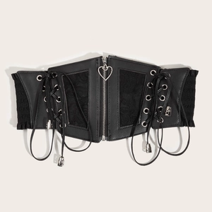 Women's black gothic lace corset belt with heart zipper and side lace-up details