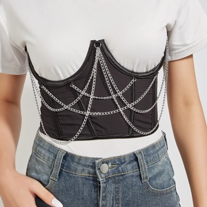 Women Gothic Black Satin Corset Belt With Metal Chains Lace Up Fishbone Waist Cincher For Party Punk Streetwear Fashion Accessories