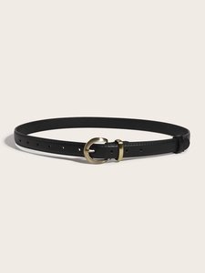Ceinture fine en cuir noir pour femme avec boucle fer à cheval dorée style rétro