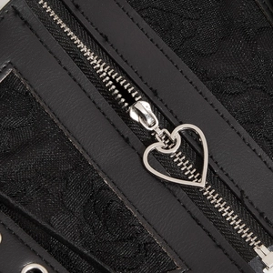 Elastic black lace corset belt featuring an elegant silver heart zipper puller and ruffles