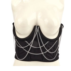 Gothic black satin corset top featuring fishbone support and draped silver metal chains