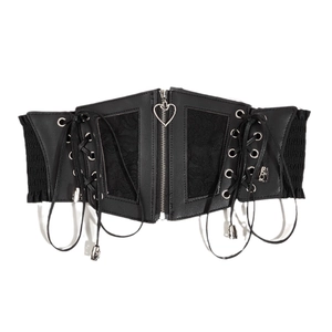 Gothic black lace elastic waist corset belt with heart zipper and lace-up details